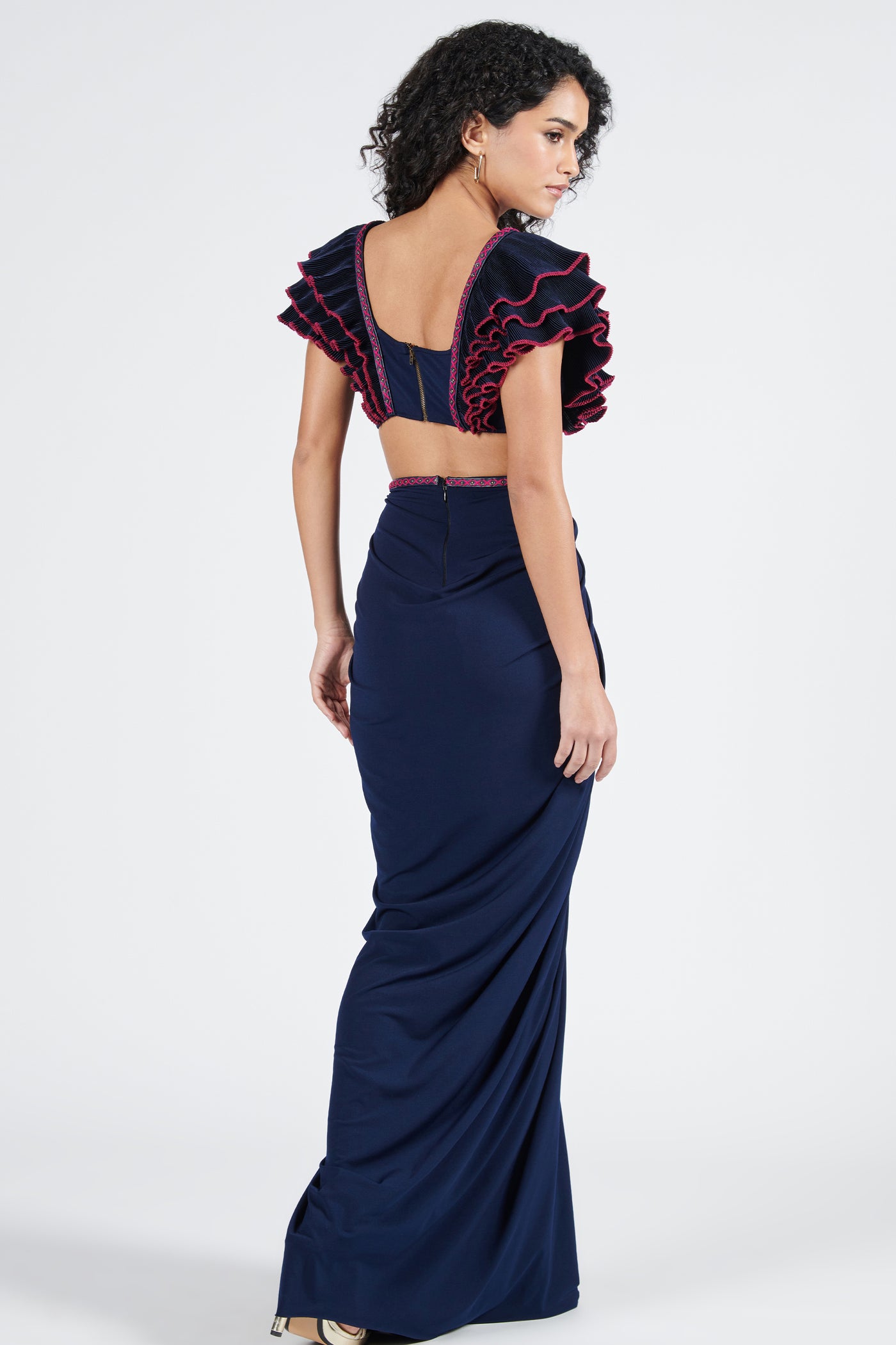Shantanu & Nikhil Plum Navy Flounced Gown With Slit indian designer wear online shopping melange singapore