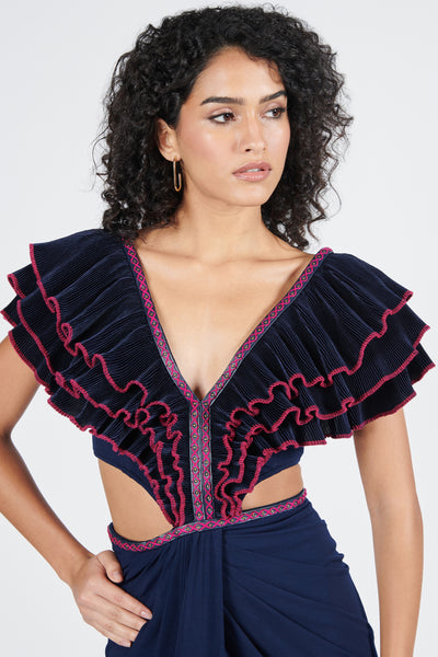 Shantanu & Nikhil Plum Navy Flounced Gown With Slit indian designer wear online shopping melange singapore