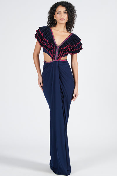 Shantanu & Nikhil Plum Navy Flounced Gown With Slit indian designer wear online shopping melange singapore