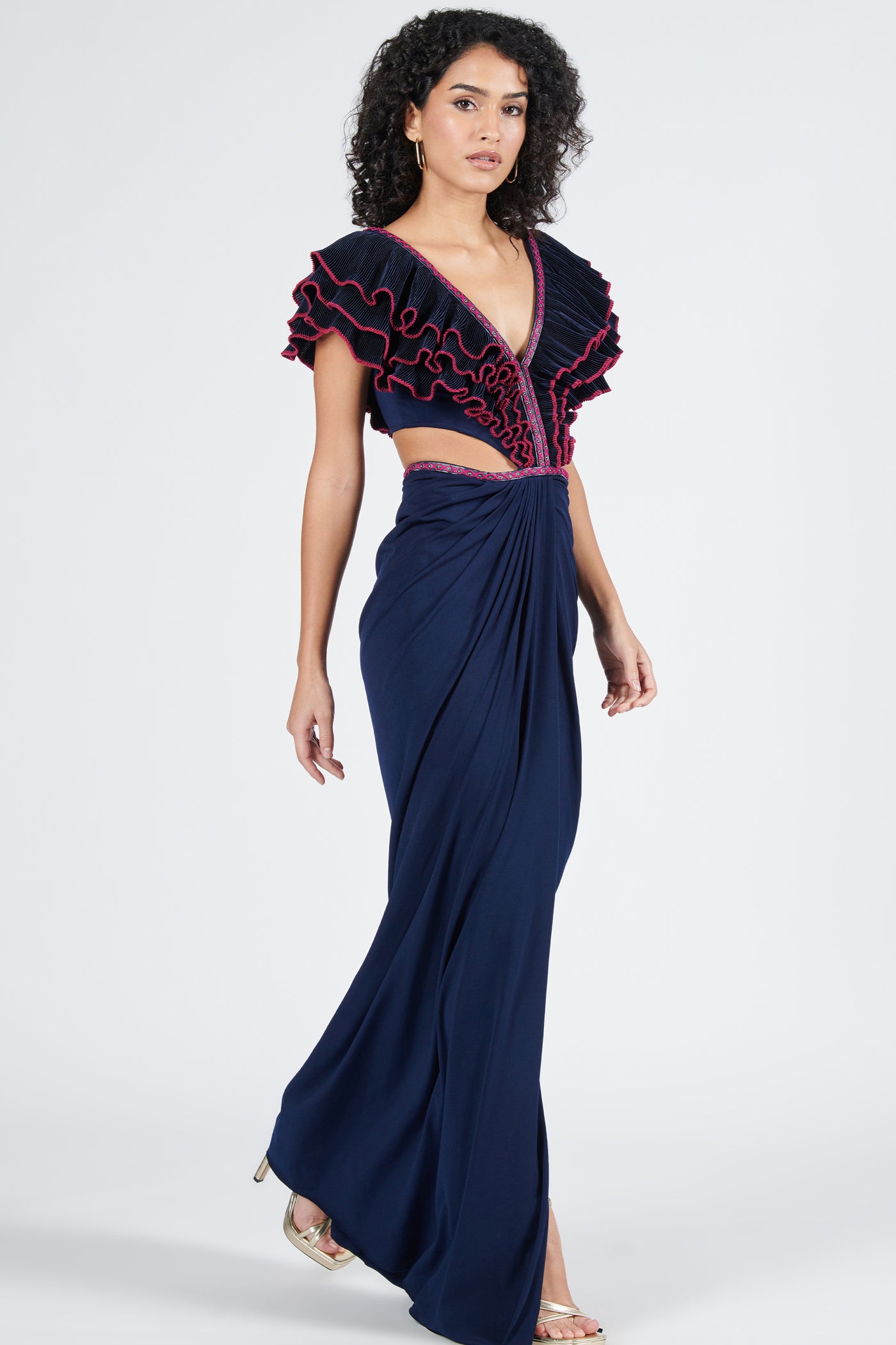 Shantanu & Nikhil Plum Navy Flounced Gown With Slit indian designer wear online shopping melange singapore