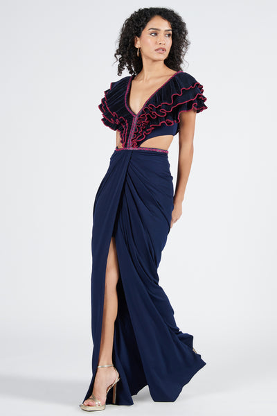 Shantanu & Nikhil Plum Navy Flounced Gown With Slit indian designer wear online shopping melange singapore