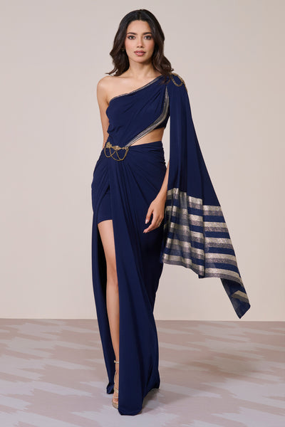 Shantanu & Nikhil Black One-Shoulder Drape Gown indian designer wear online shopping melange singapore