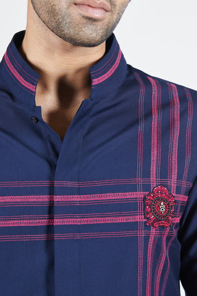 Shantanu & Nikhil Navy Shirt Kurta With Thread Work indian designer wear online shopping melange singapore
