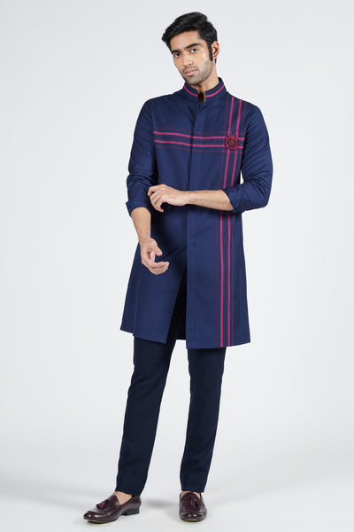Shantanu & Nikhil Navy Shirt Kurta With Thread Work indian designer wear online shopping melange singapore