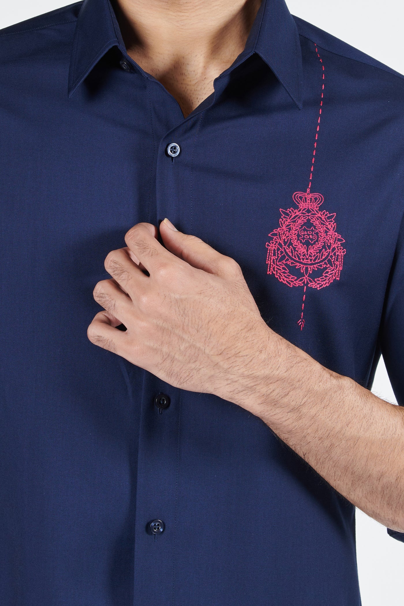 Shantanu & Nikhil Navy Shirt With Embroidered Crest indian designer wear online shopping melange singapore