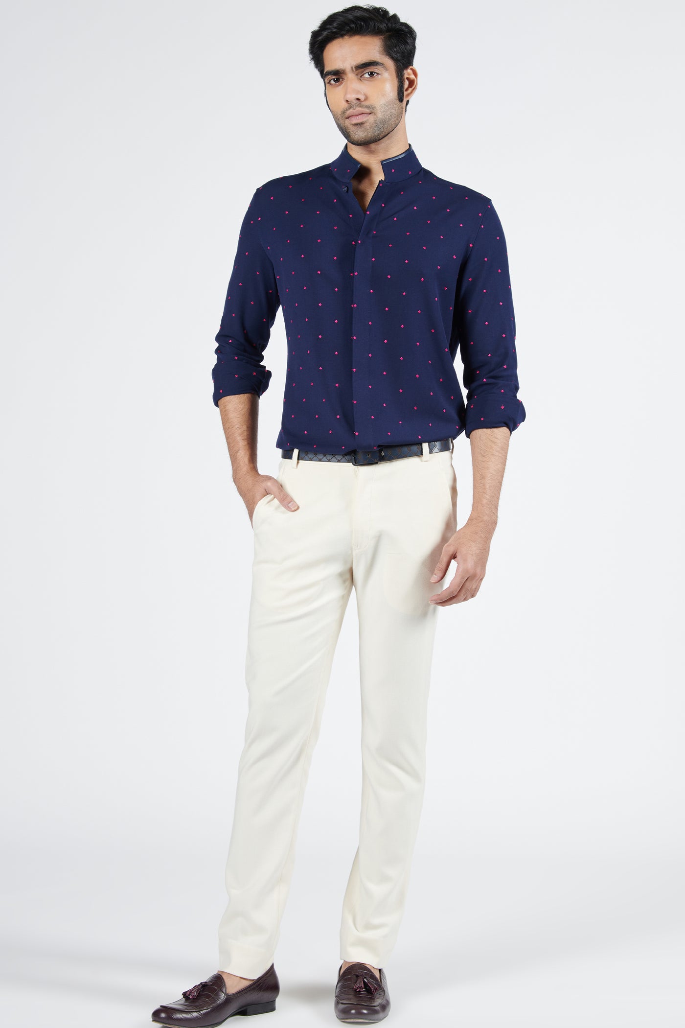 Shantanu & Nikhil Navy Shirt With Pink Thread Work indian designer wear online shopping melange singapore