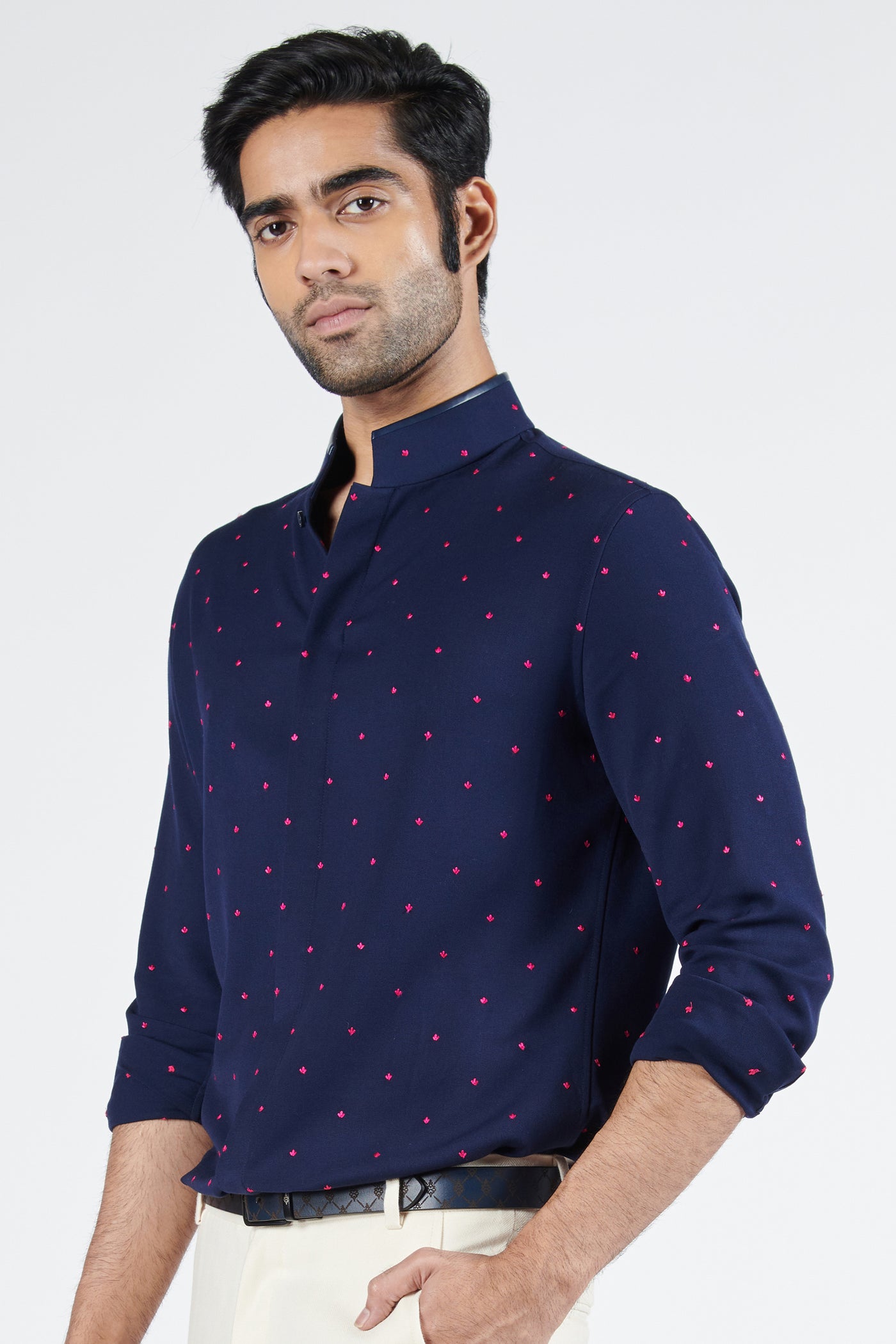 Shantanu & Nikhil Navy Shirt With Pink Thread Work indian designer wear online shopping melange singapore