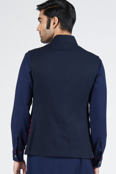 Shantanu & Nikhil Navy Waistcoat With Pink Embroidery indian designer wear online shopping melange singapore