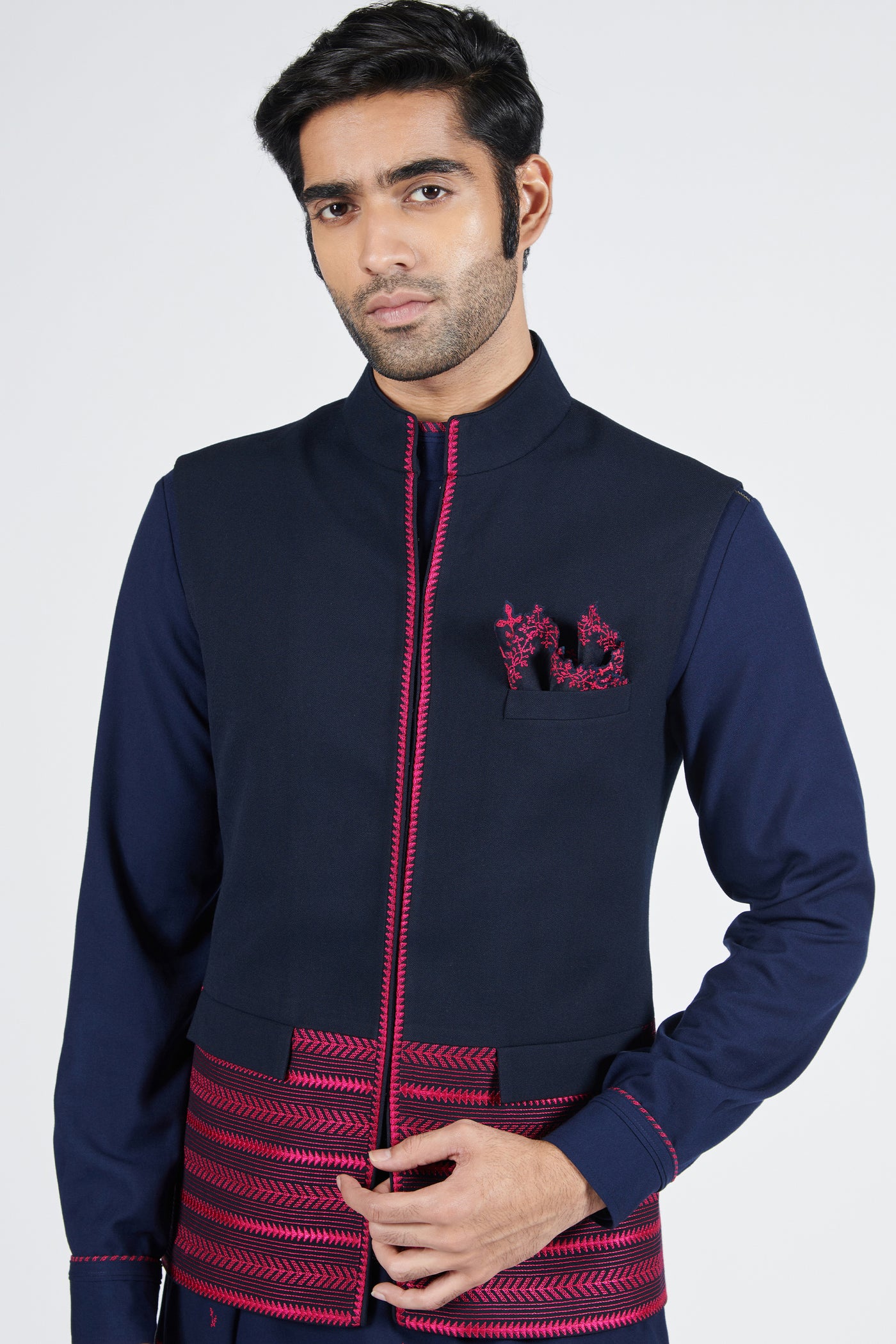 Shantanu & Nikhil Navy Waistcoat With Pink Embroidery indian designer wear online shopping melange singapore