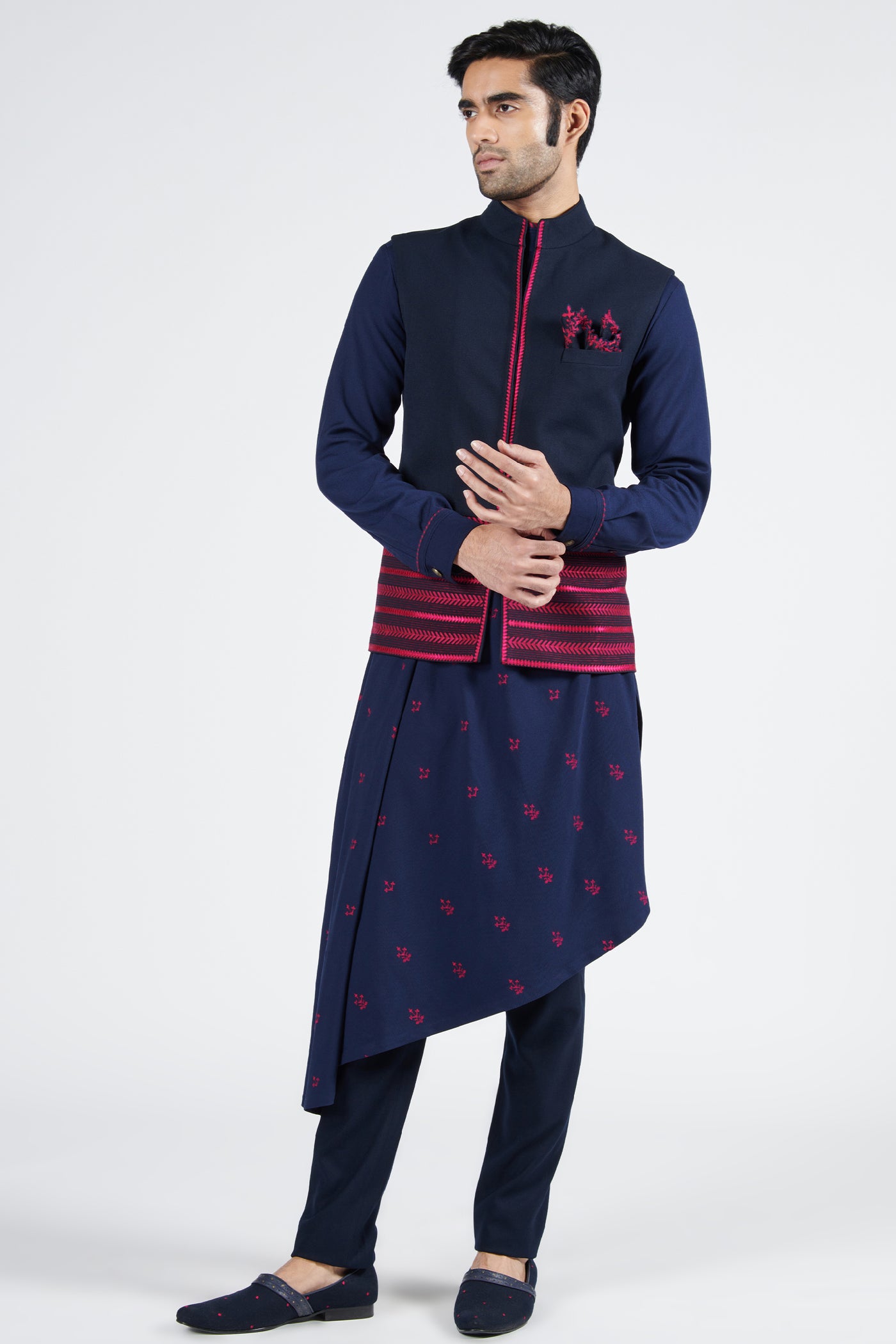 Shantanu & Nikhil Navy Waistcoat With Pink Embroidery indian designer wear online shopping melange singapore