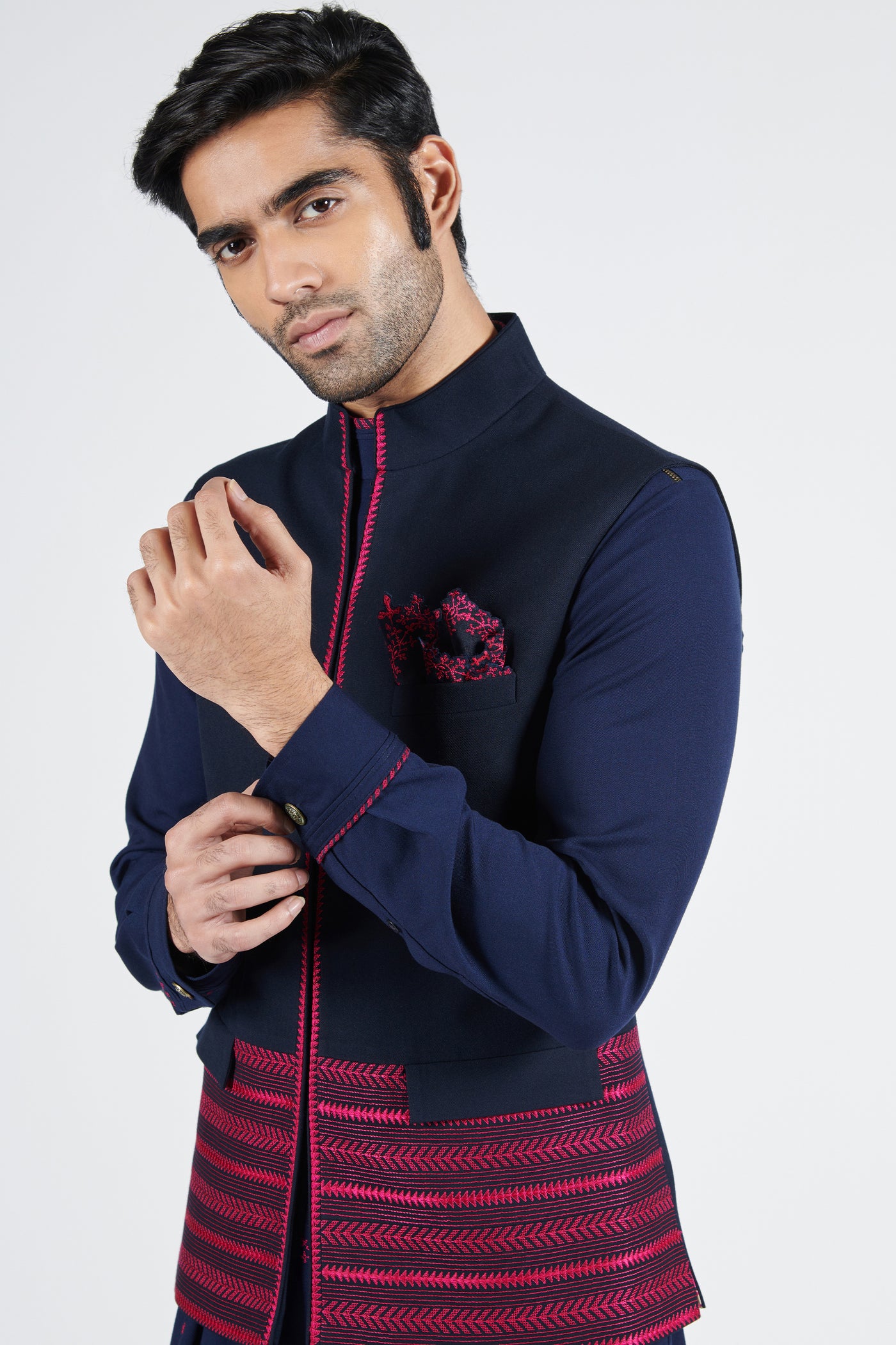 Shantanu & Nikhil Navy Waistcoat With Pink Embroidery indian designer wear online shopping melange singapore