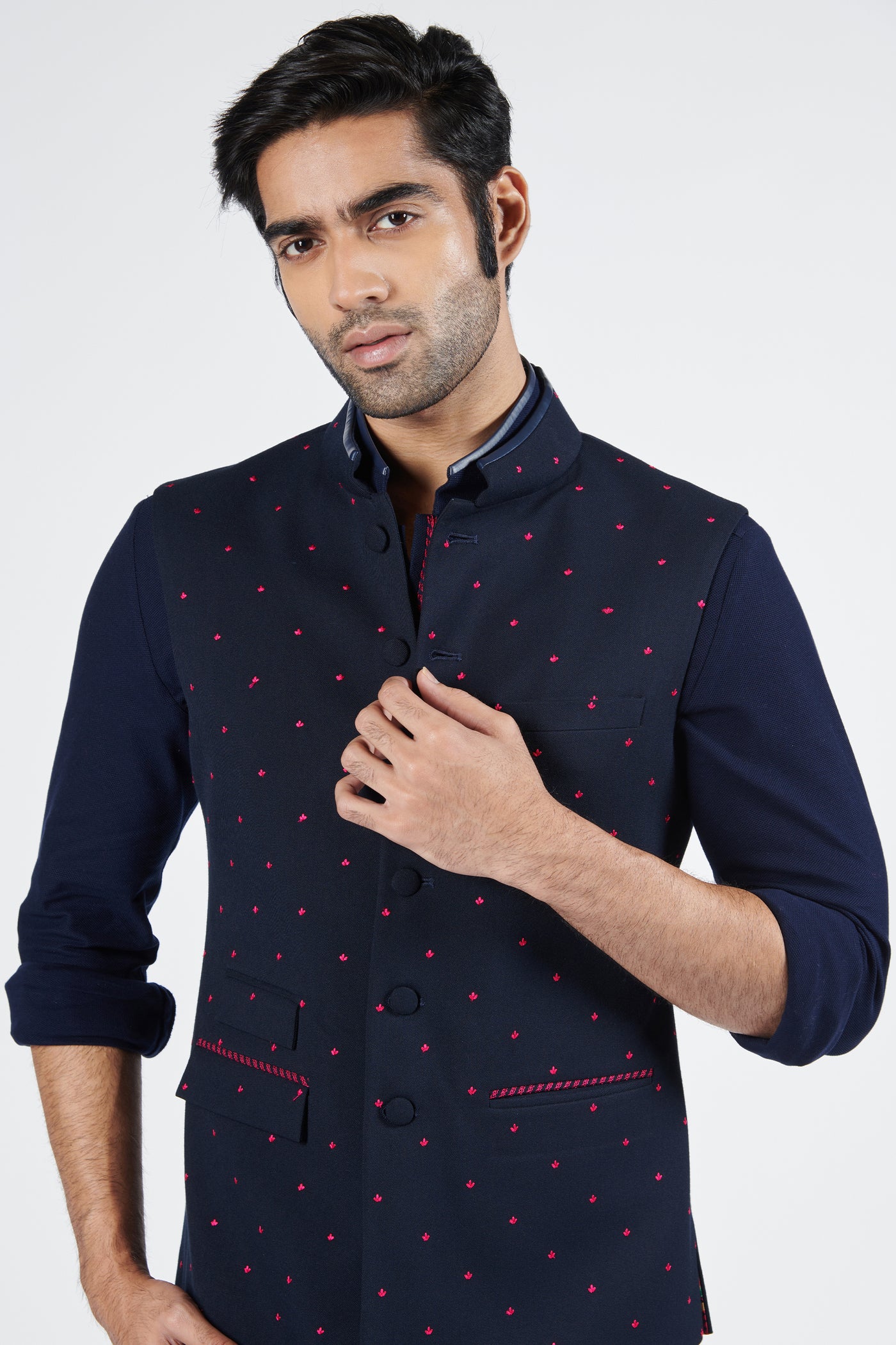 Shantanu & Nikhil Navy Waistcoat With Pink Thread Work indian designer wear online shopping melange singapore