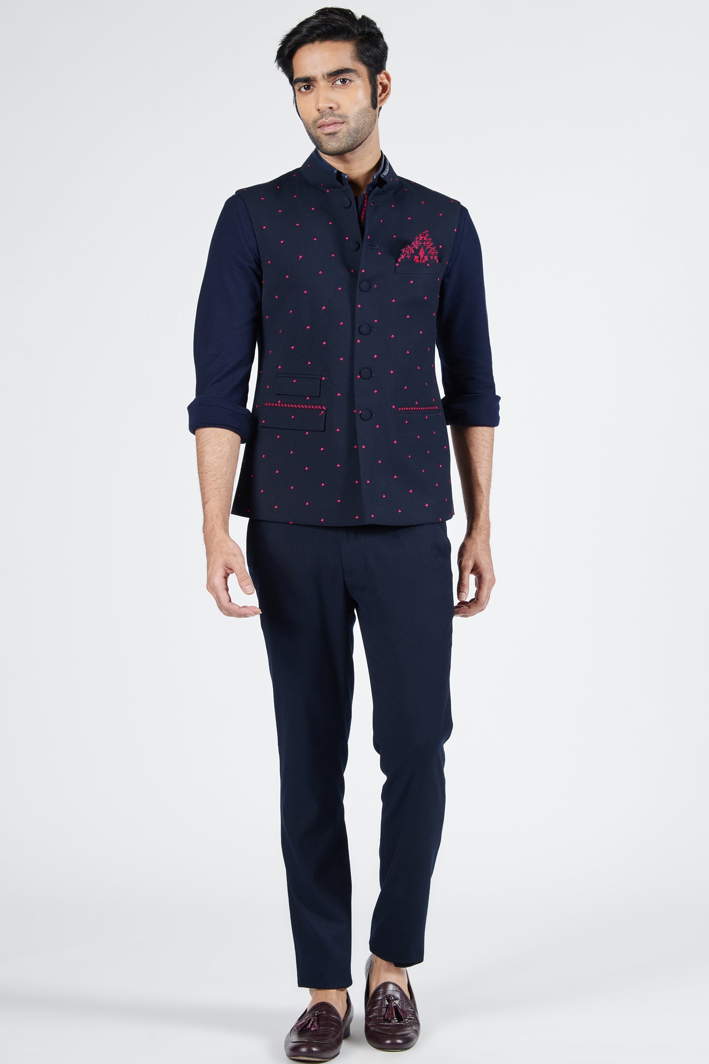 Shantanu & Nikhil Navy Waistcoat With Pink Thread Work indian designer wear online shopping melange singapore