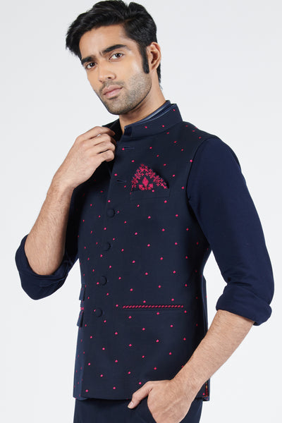 Shantanu & Nikhil Navy Waistcoat With Pink Thread Work indian designer wear online shopping melange singapore