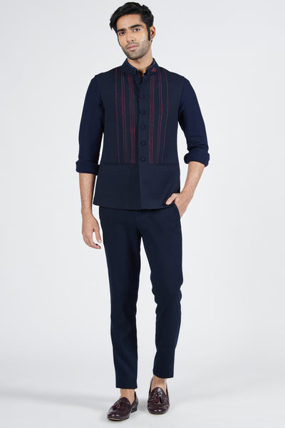 Shantanu & Nikhil Navy Waistcoat With Thread Work indian designer wear online shopping melange singapore