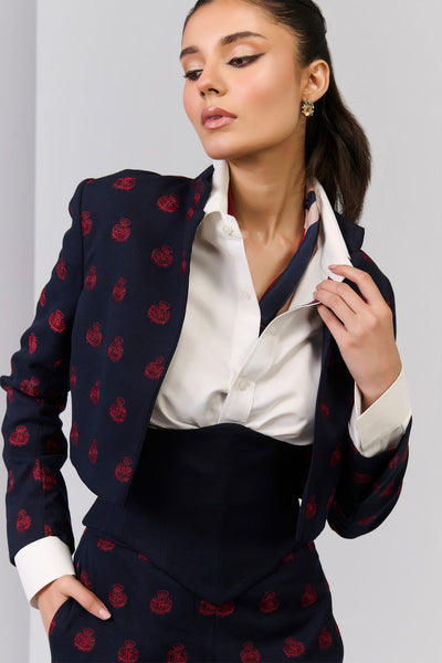 Shantanu & Nikhil Navy Crested Embroidered Cropped Jacket indian designer wear online shopping melange singapore