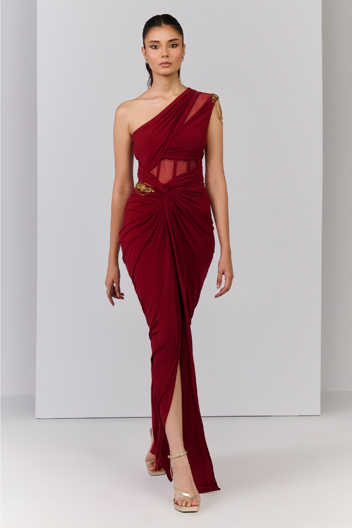 Shantanu & Nikhil One Shoulder Corset Mesh Gown indian designer wear online shopping melange singapore 
