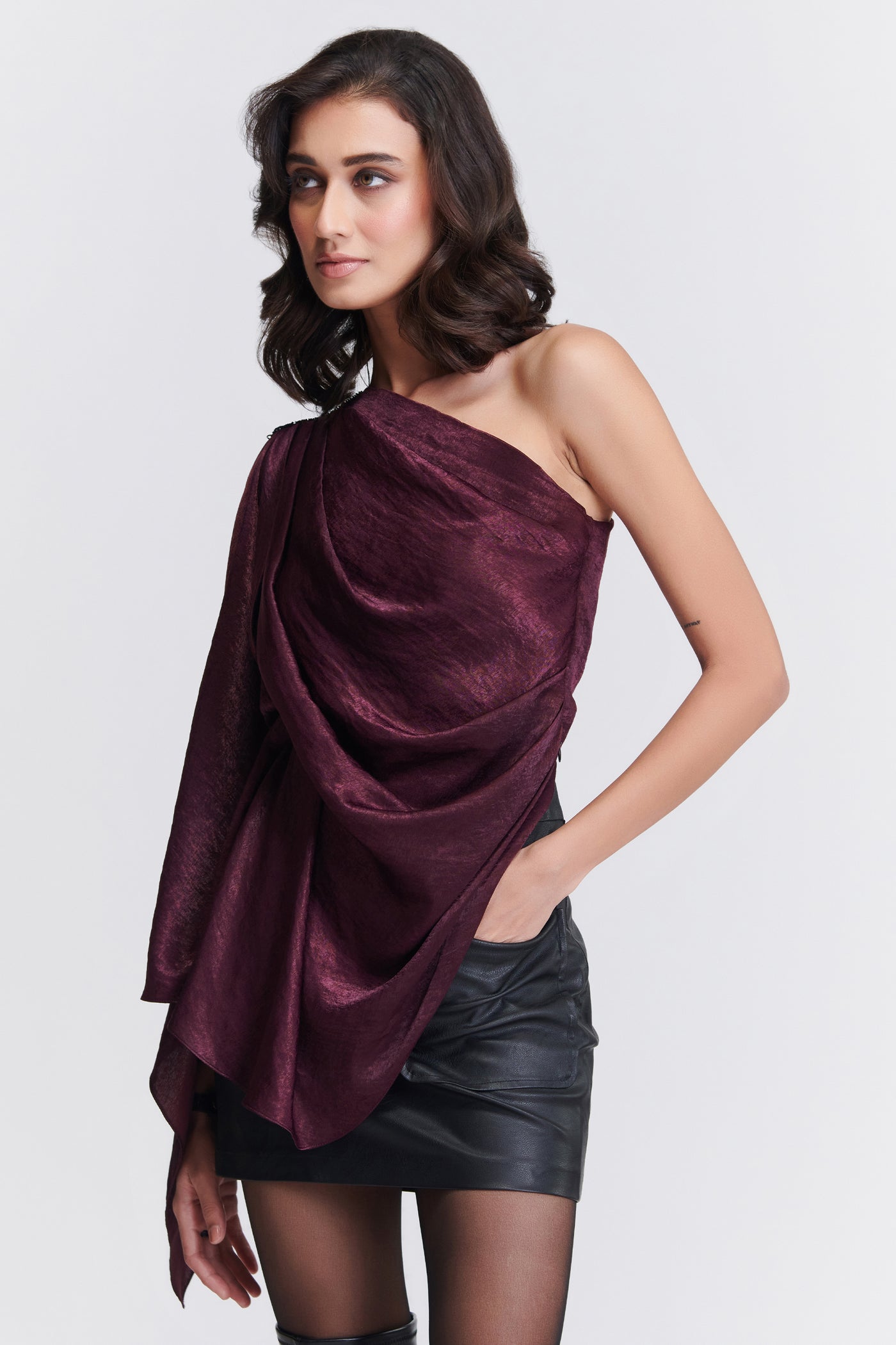 Shantanu & Nikhil One Shoulder Plum Drape Top indian designer wear online shopping melange singapore