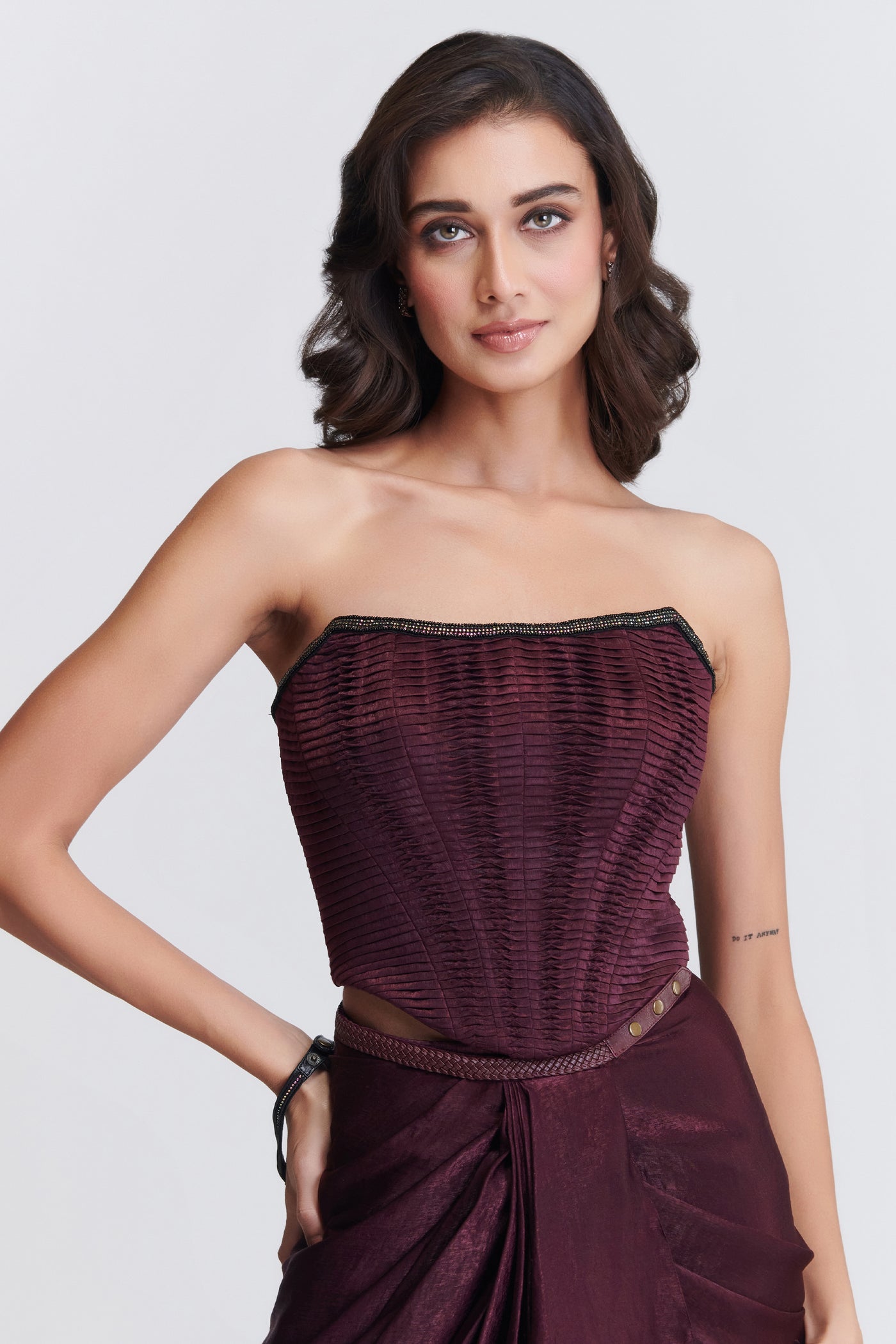 Shantanu & Nikhil Plum Pleated Emerald Corset indian designer wear online shopping melange singapore