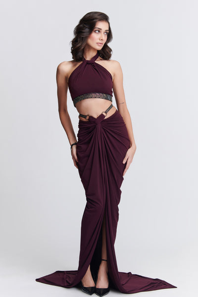 Shantanu & Nikhil Plum Twisted Drape Skirt indian designer wear online shopping melange singapore