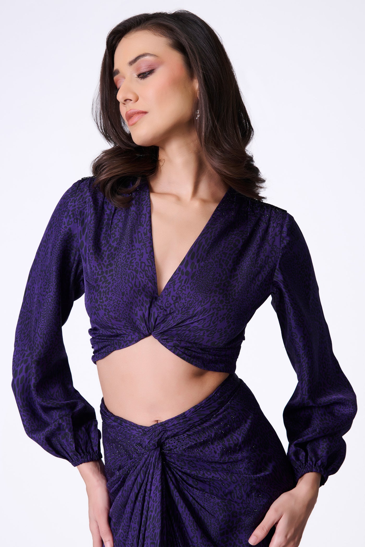 Shantanu & Nikhil Purple Leopard Print Top with Bishop Sleeves indian designer wear online shopping melange singapore