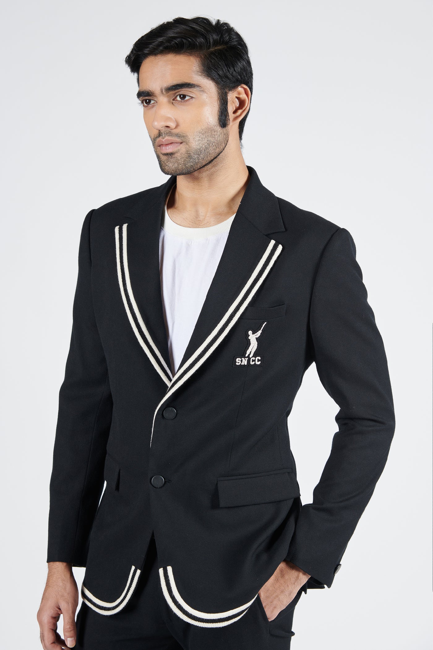 Shantanu & Nikhil Sncc Navy Jacket With Batsman Logo indian designer wear online shopping melange singapore