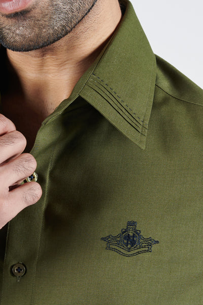 Shantanu & Nikhil Signature Military Green Shirt With Embroidered Crest indian designer wear online shopping melange singapore