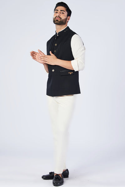 Shantanu and Nikhil Menswear Black Waistcoat With Metallic Buttons Indian designer wear online shopping melange singapore