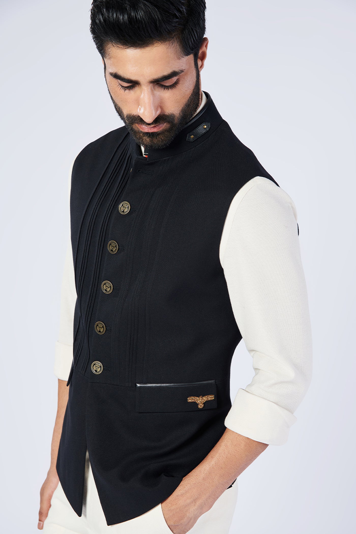 Shantanu and Nikhil Menswear Black Waistcoat With Metallic Buttons Indian designer wear online shopping melange singapore