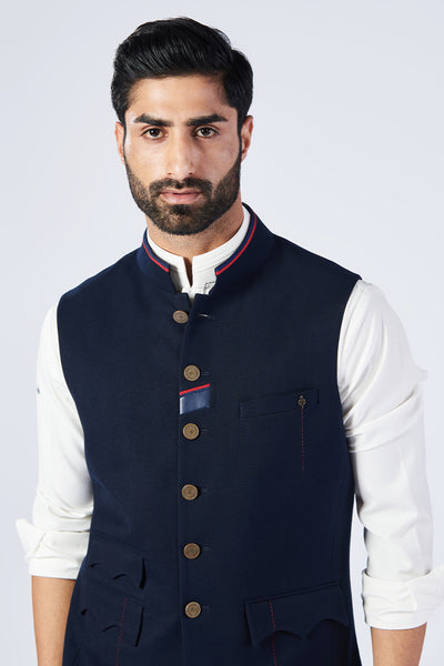 Shantanu and Nikhil Menswear Classic Navy Waistcoat With Tape Details ndian designer wear online shopping melange singapore