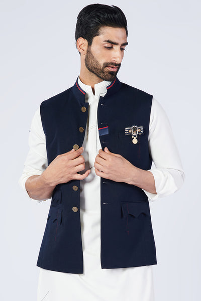 Shantanu and Nikhil Menswear Classic Navy Waistcoat With Tape Details ndian designer wear online shopping melange singapore