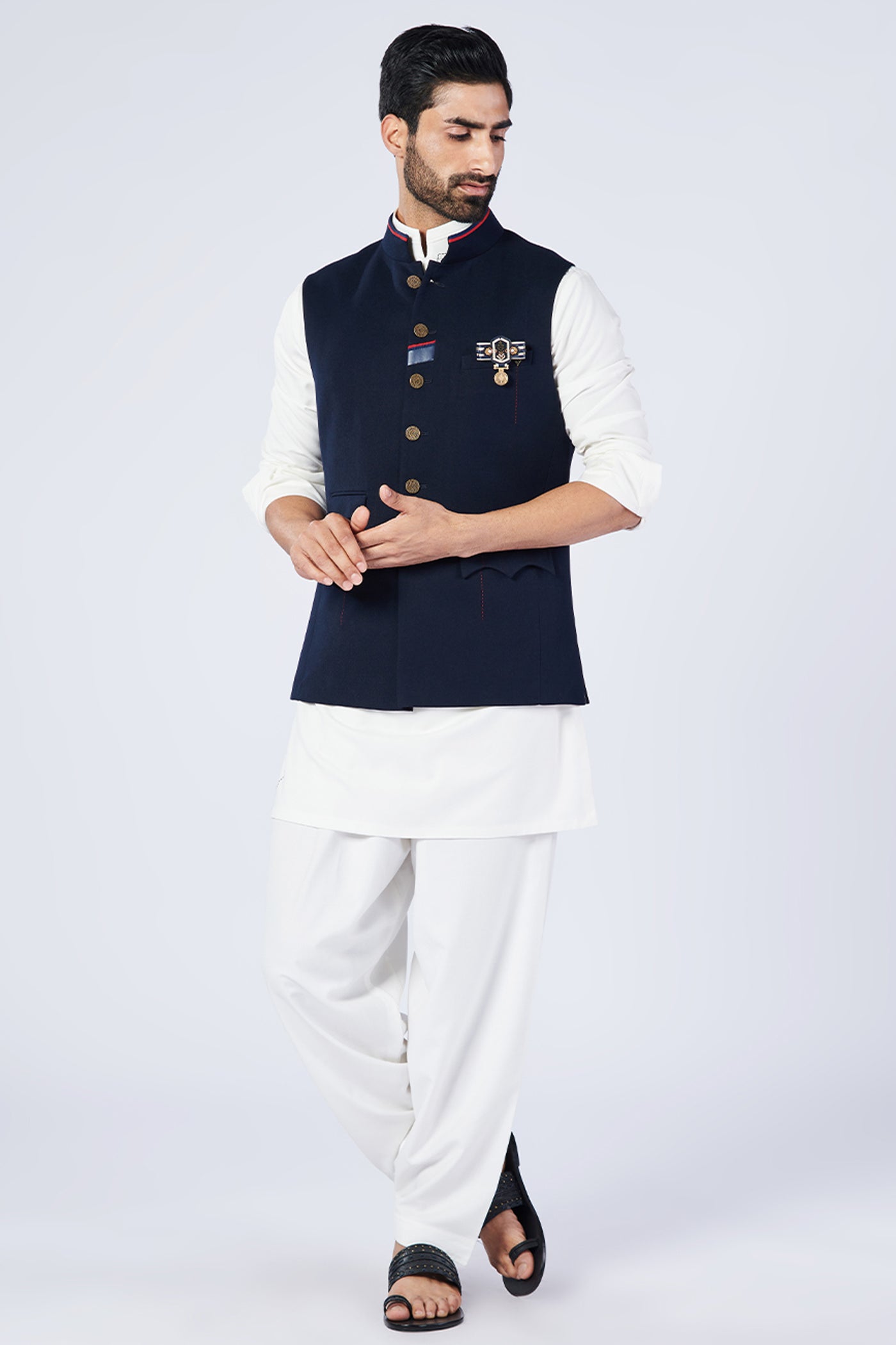 Shantanu and Nikhil Menswear Classic Navy Waistcoat With Tape Details ndian designer wear online shopping melange singapore