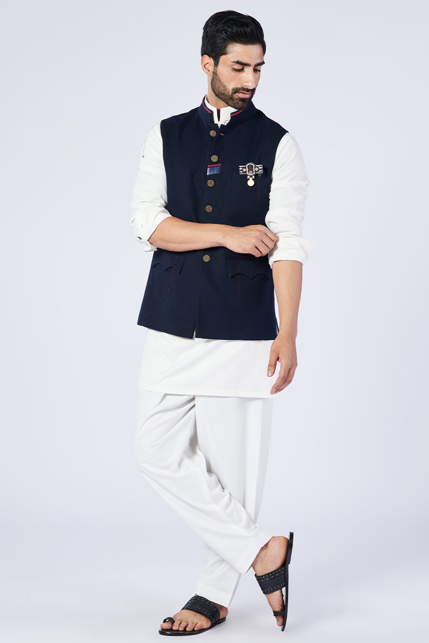 Shantanu and Nikhil Menswear Classic Navy Waistcoat With Tape Details ndian designer wear online shopping melange singapore