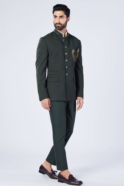 Shantanu and Nikhil Menswear Military Green Bandhgala Jacket ndian designer wear online shopping melange singapore
