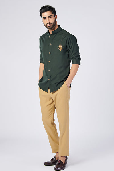 Shantanu and Nikhil Menswear Military Green Shirt With Crest indian designer wear online shopping melange singapore