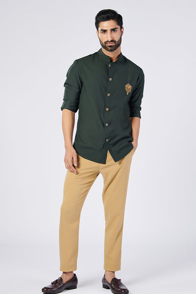 Shantanu and Nikhil Menswear Military Green Shirt With Crest indian designer wear online shopping melange singapore