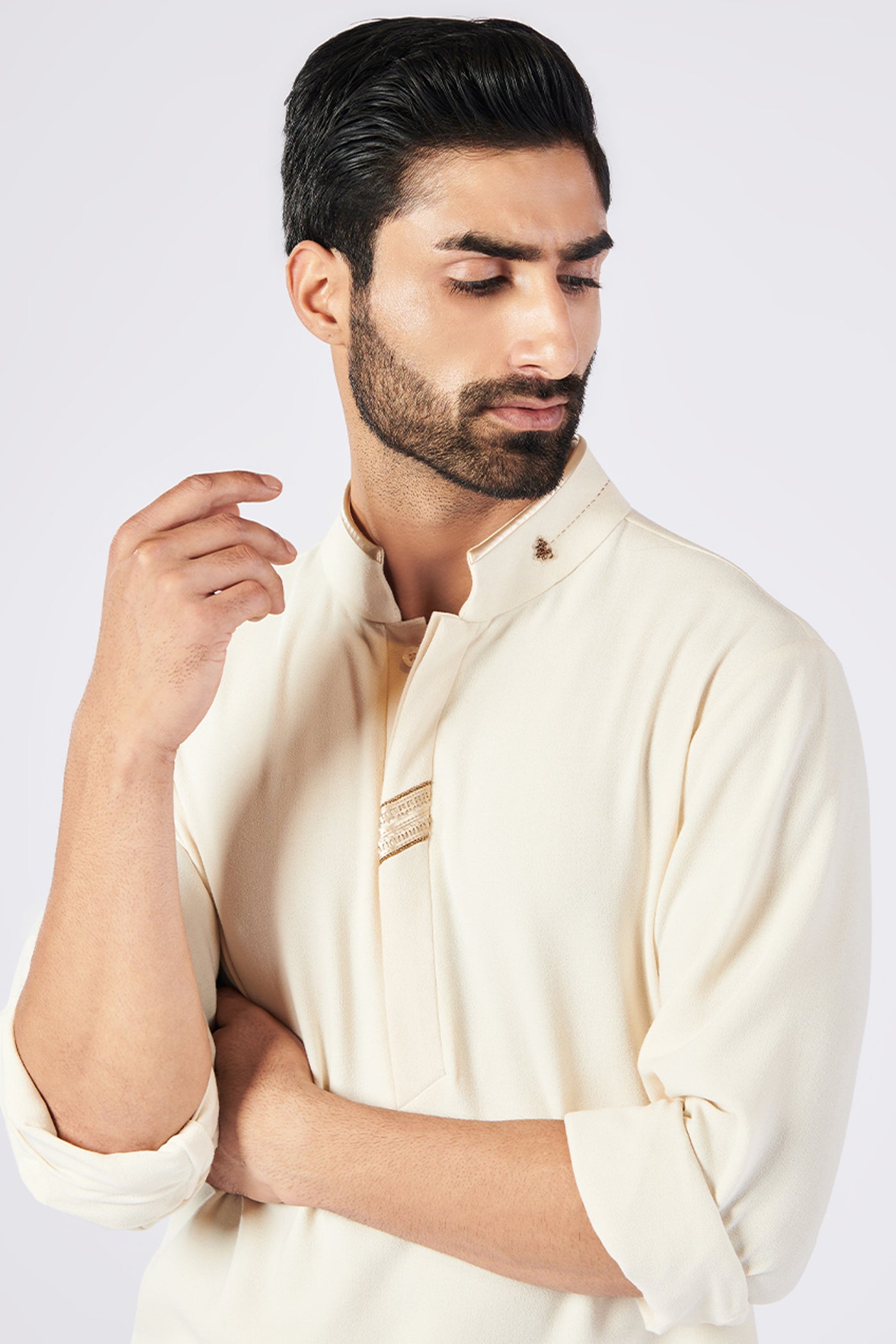 Shantanu and Nikhil Menswear Off White Kurta With Gold Detail indian designer wear online shopping melange singapore