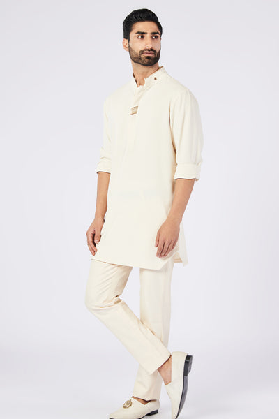 Shantanu and Nikhil Menswear Off White Kurta With Gold Detail indian designer wear online shopping melange singapore