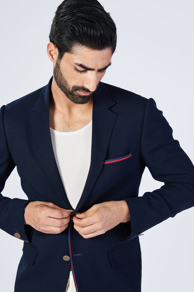 Shantanu and Nikhil Menswear Minimalistic Navy Jacket With Tape Detailing indian designer wear online shopping melange