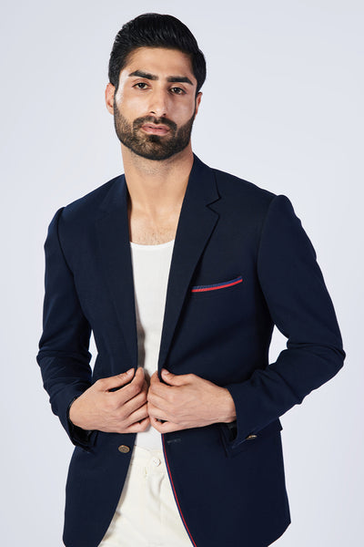 Shantanu and Nikhil Menswear Minimalistic Navy Jacket With Tape Detailing indian designer wear online shopping melange