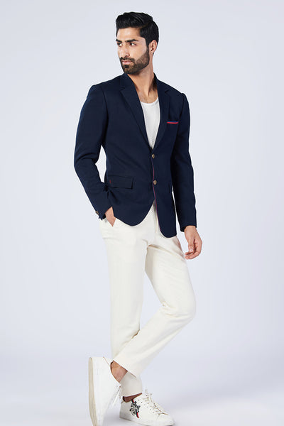 Shantanu and Nikhil Menswear Minimalistic Navy Jacket With Tape Detailing indian designer wear online shopping melange