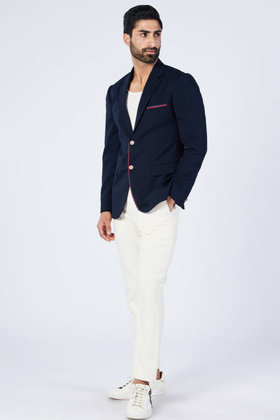 Shantanu and Nikhil Menswear Minimalistic Navy Jacket With Tape Detailing indian designer wear online shopping melange