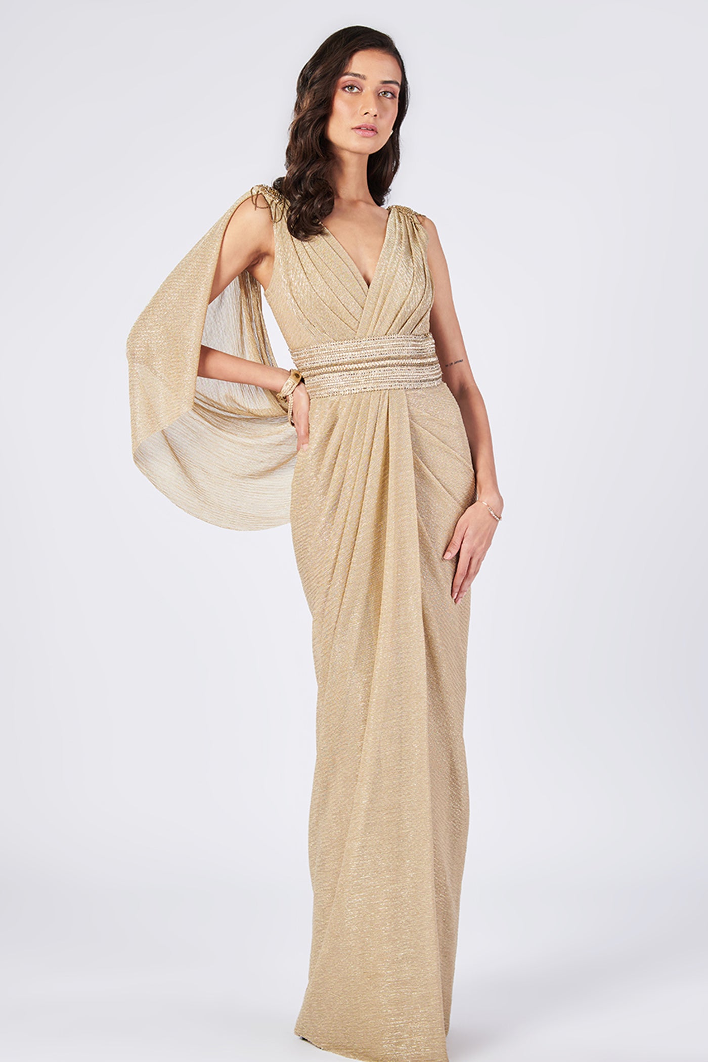 Shantanu & Nikhil Gold Cape Gown indian designer wear online shopping melange singapore