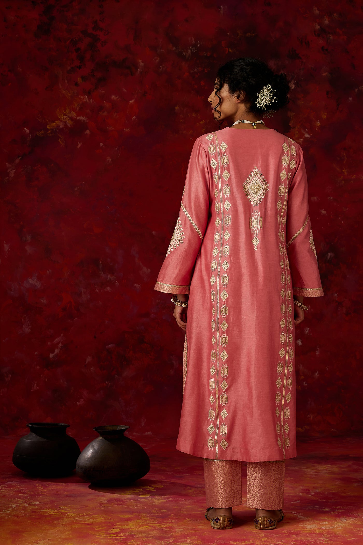 Simar Dugal Ainaa A-line Kurta With Pants And Dupatta Old Rose indian designer wear online shopping melange singapore