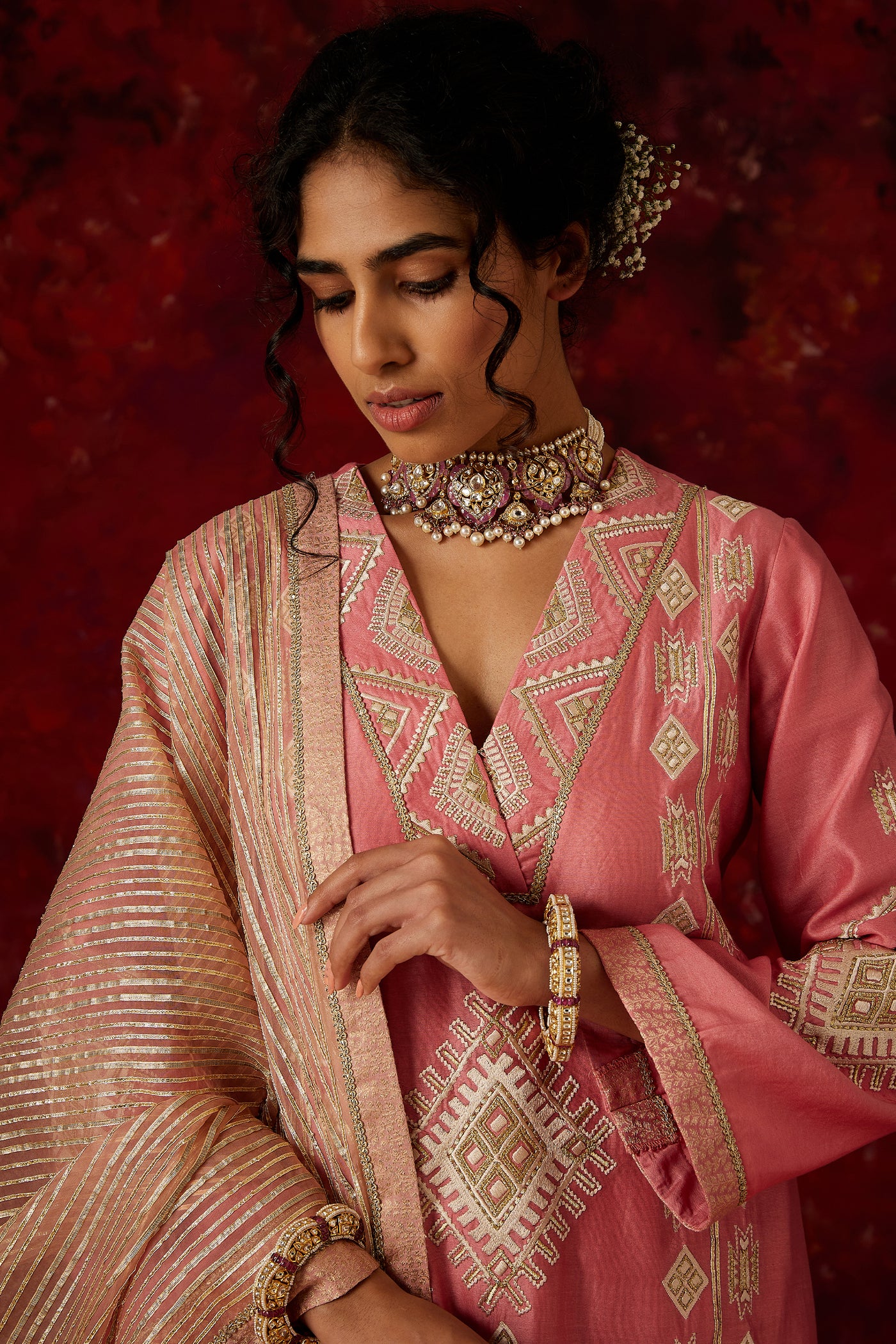 Simar Dugal Ainaa A-line Kurta With Pants And Dupatta Old Rose indian designer wear online shopping melange singapore