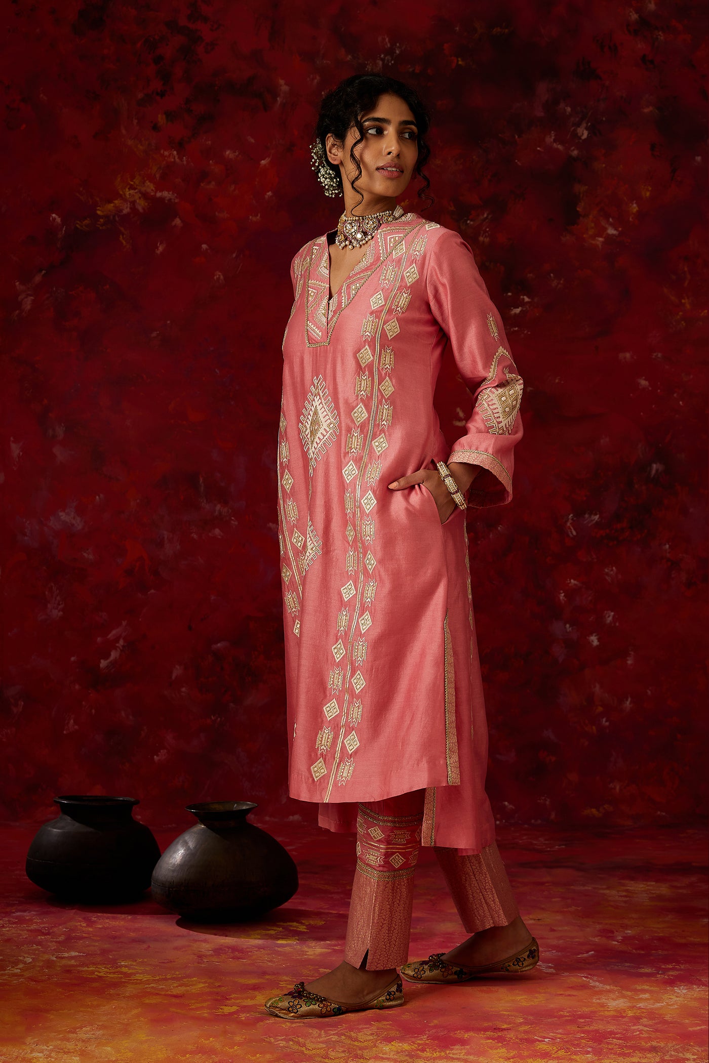 Simar Dugal Ainaa A-line Kurta With Pants And Dupatta Old Rose indian designer wear online shopping melange singapore