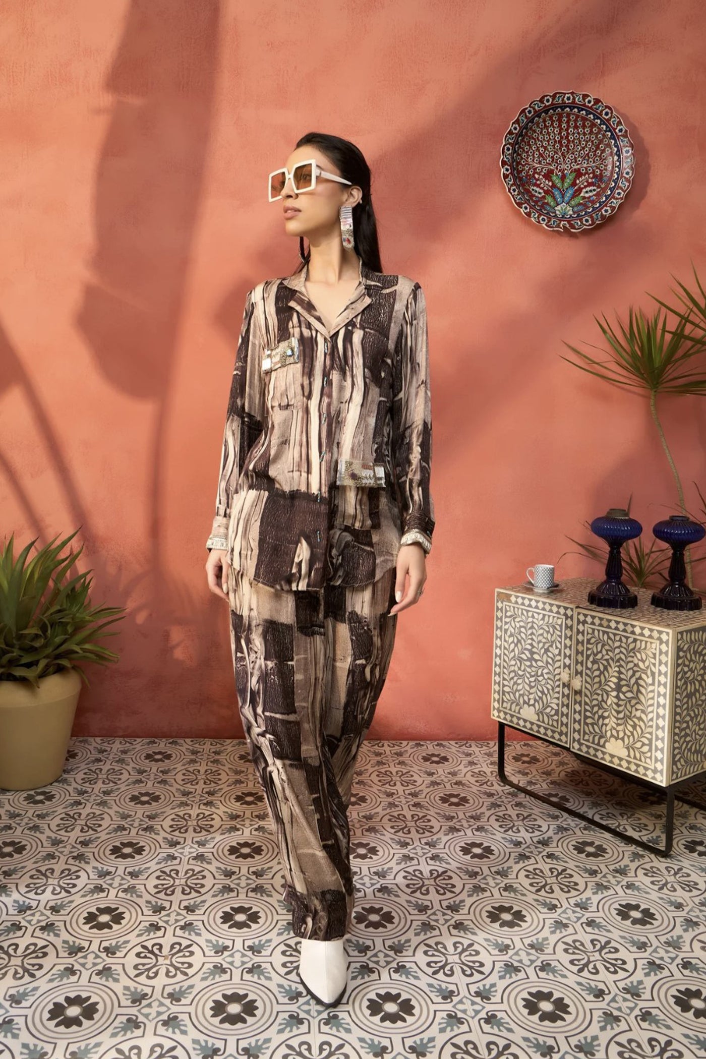Simar Dugal Ajrakh Co-ord Set Black Splash indian designer wear online shopping melange singapore