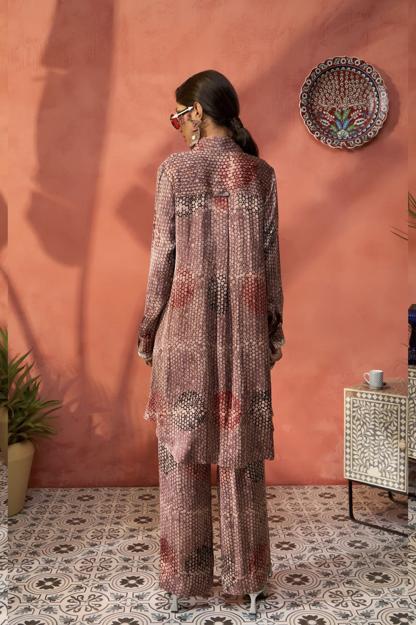 Simar Dugal Ajrakh Indian Co-ord Set Brown Circles indian designer wear online shopping melange singapore