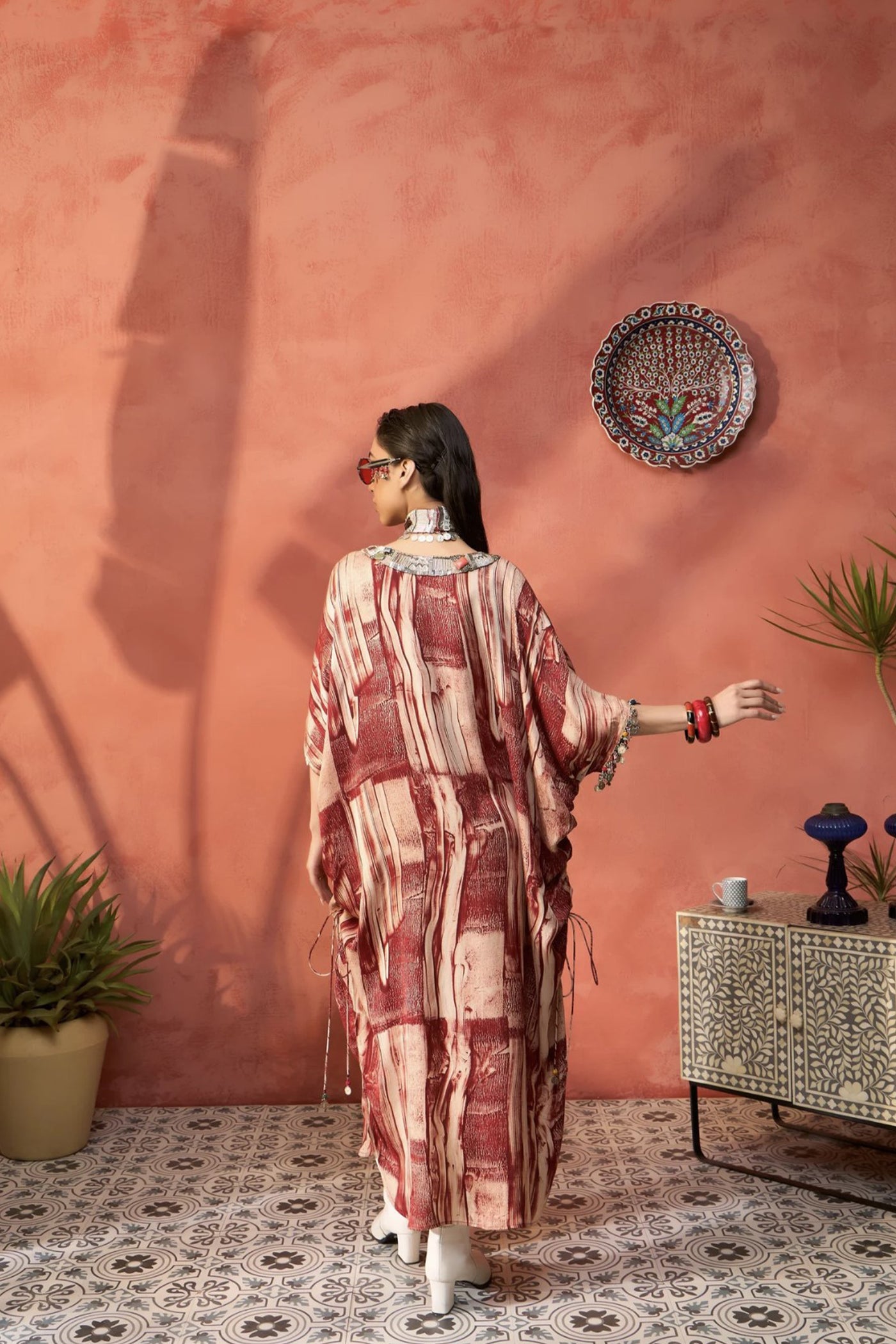 Simar Dugal Ajrakh Kaftan Red Splash indian designer wear online shopping melange singapore