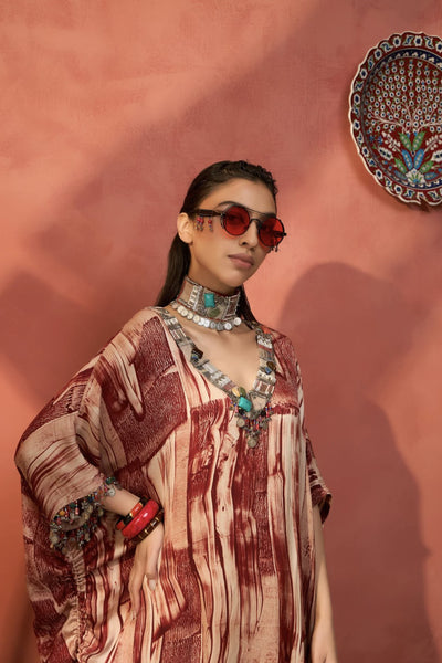 Simar Dugal Ajrakh Kaftan Red Splash indian designer wear online shopping melange singapore